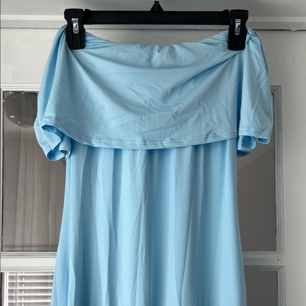 Light Blue Off-Shoulder Maternity Maxi Dress - Picture 5 of 6
